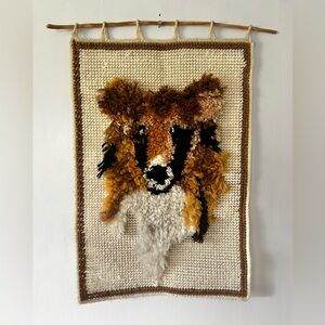 Vintage Handcrafted Latch Hook Wall Art in Brown and White